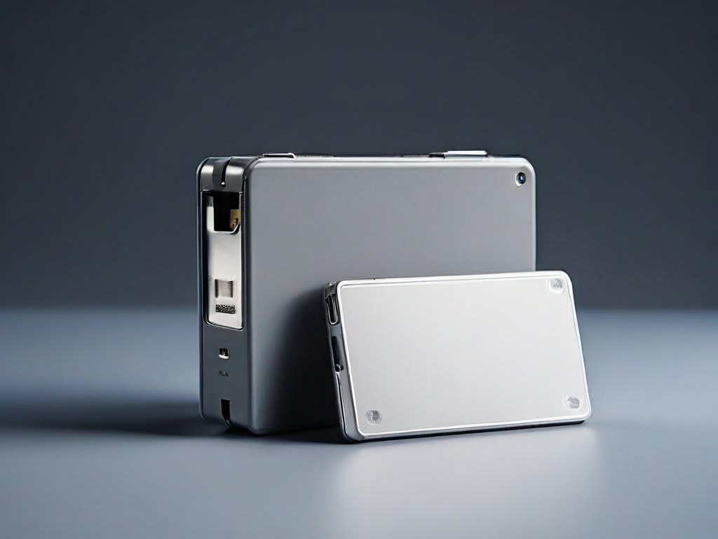 Memory card, external drive, and photo sleeve on matte gray surface, representing saved image archive review.