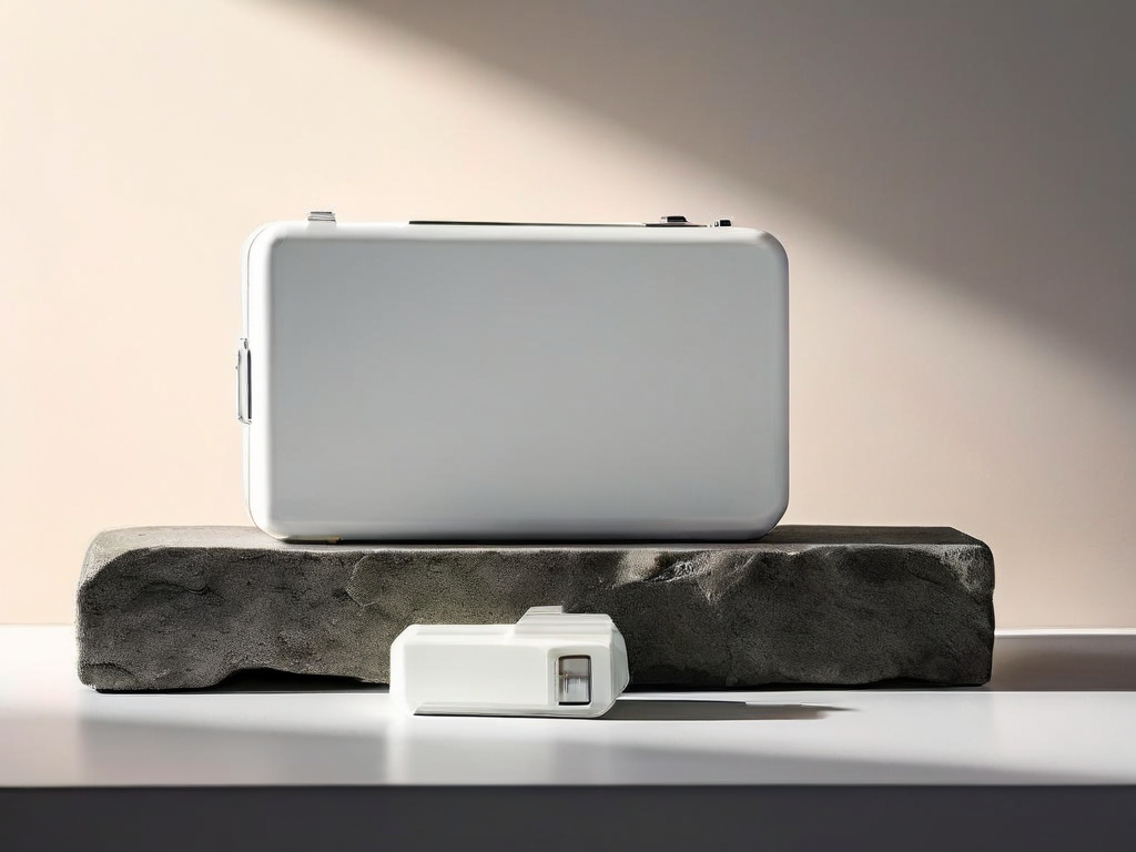 Portable storage drive with stacked blank data blocks and capacity gauge on stone counter.
