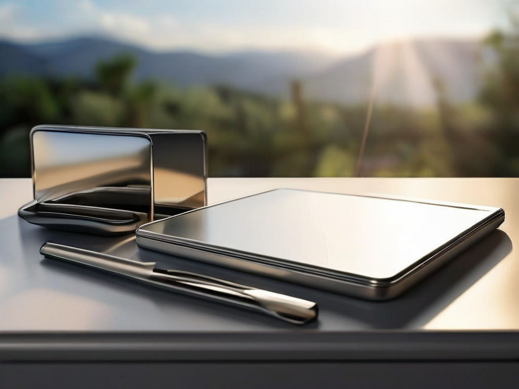 Stacked blank divider cards beside a compact storage tray on a brushed metal surface, angled morning light, shallow depth of...