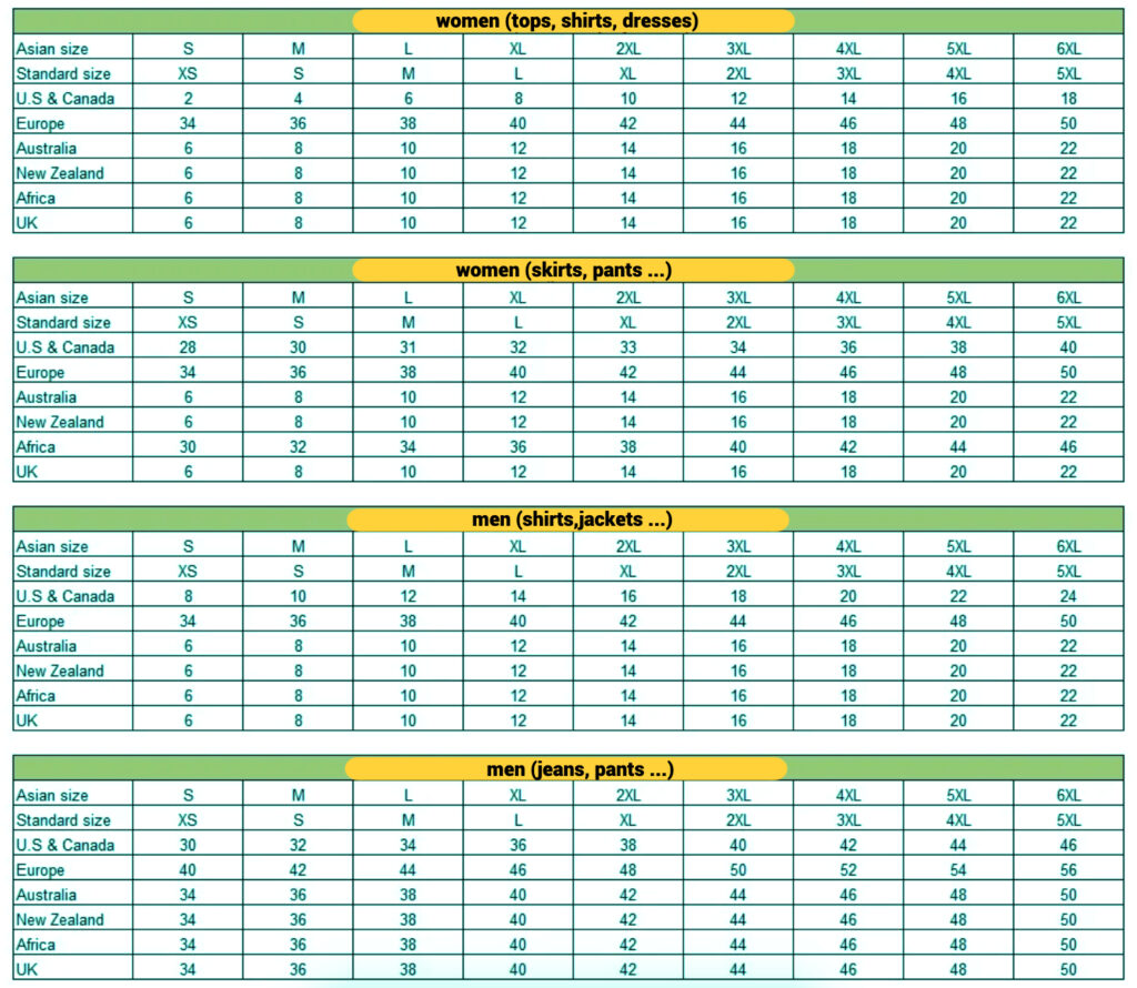 International clothing size conversion chart comparing Asian, Standard, U.S. & Canada, Europe, Australia, New Zealand, Africa, and UK sizes for women's tops, skirts, pants, and men's shirts, jackets, and jeans.